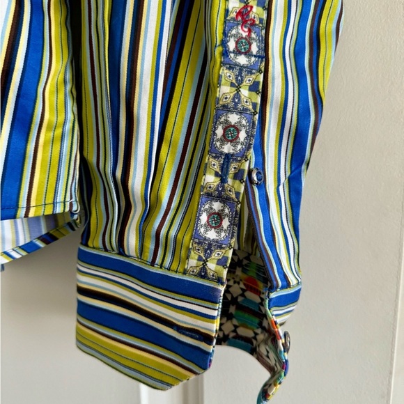 ROBERT GRAHAM Men Lime GreenBlackBlue Striped ButtonUp Cotton Silk Like Shirt-LG - Picture 6 of 11